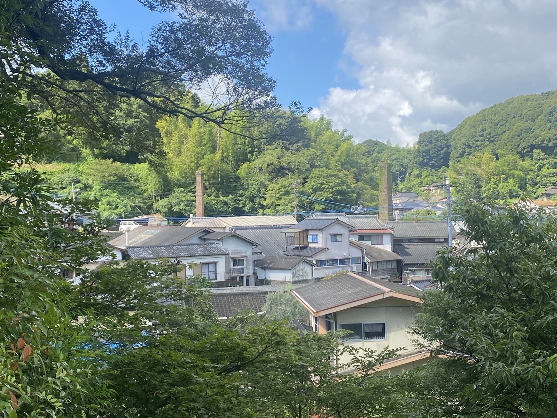 家々の屋根の間から立ち上がる煉瓦の煙突